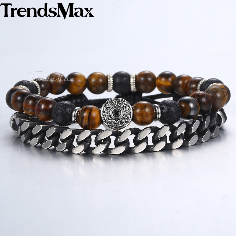 

Trendsmax Stretch Tiger Eye Natural Stone Beads Beaded Bracelets Men Stainless Steel Curb Cuban Link Mens Bracelet Gift KDLB68