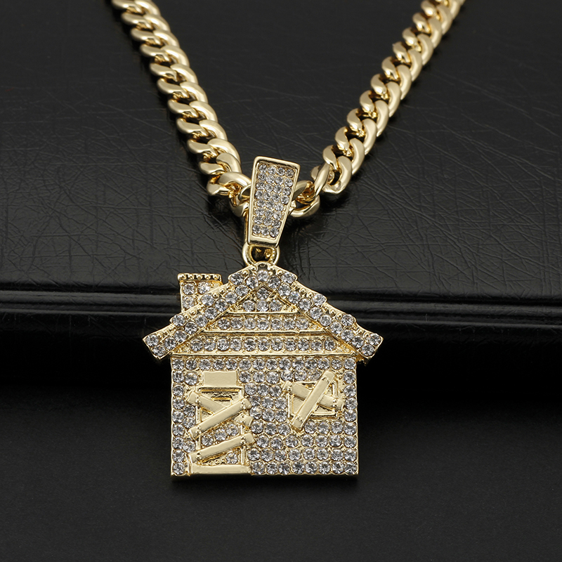 

Cute House Shape Pendant Rhinestone Choke Cuban Link Necklace Fashion Hip Hop Necklace Jewelry Men Women Clothing Accesories