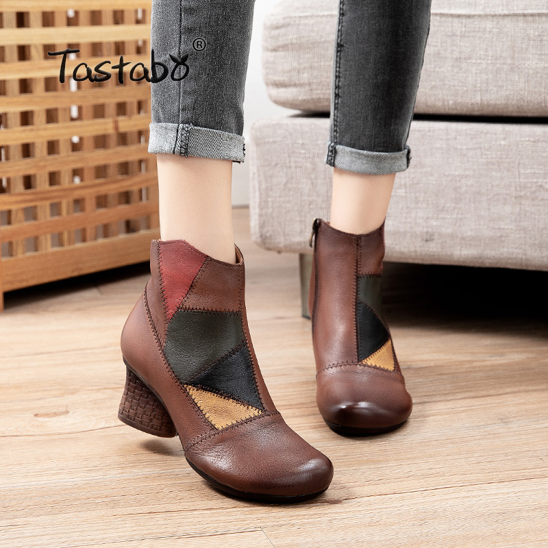 

Woman Ankles Boots Mujer 2020 Mixed Color Patent Leather Botines Patchwork Square Toe Thick High Heels Pump women boots 20551, Black