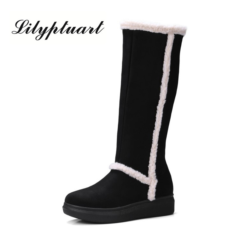 

European beauty high-rise thick-bottomed round head stitching velvet women's boots warm and comfortable large size snow boots, Black