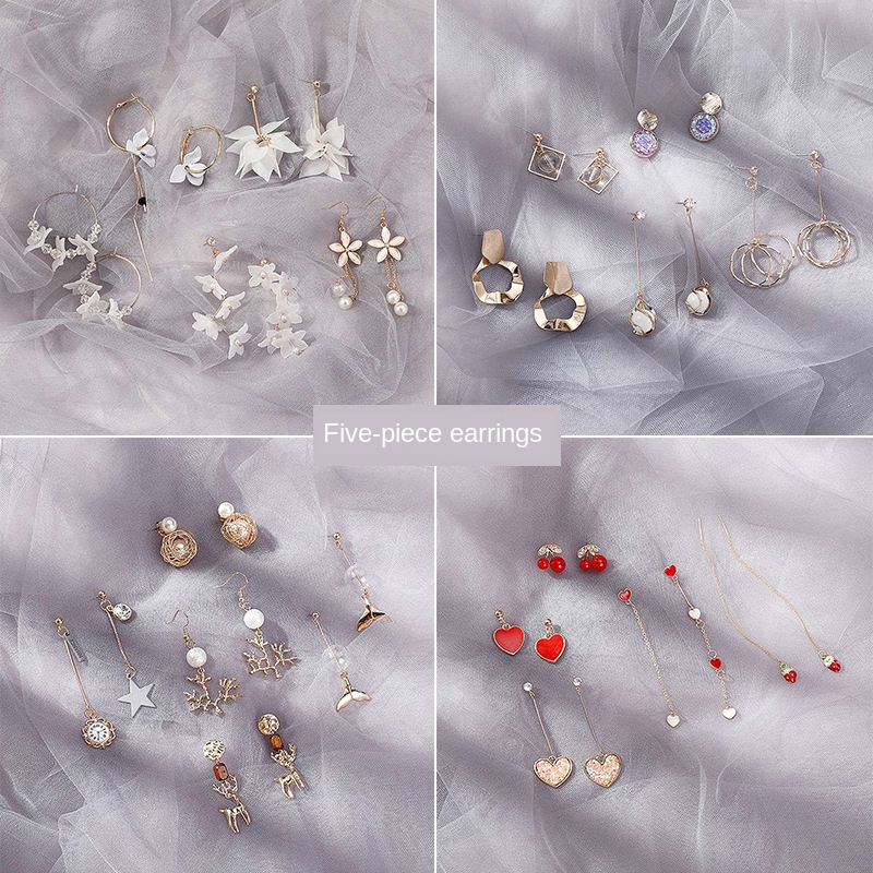 

[five-piece set] earrings fashionable temperament long web celebrity earrings set south Korean trendy high-end French