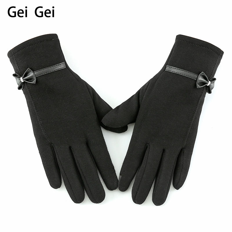

Women's winter new fashion flannel gloves simple solid color bow plus velvet touch screen warm gloves girls five-finger