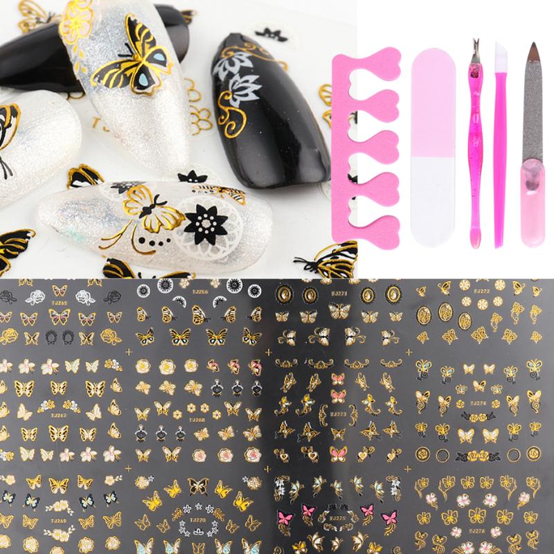 

Black Gold Nail Art Stickers Set 3D Flowers Leaf Butterfly Decals Slider Wraps Tips Tattoos Manicure Decor DIY Nail Tools TR1811, Hbj265-276 g-set2