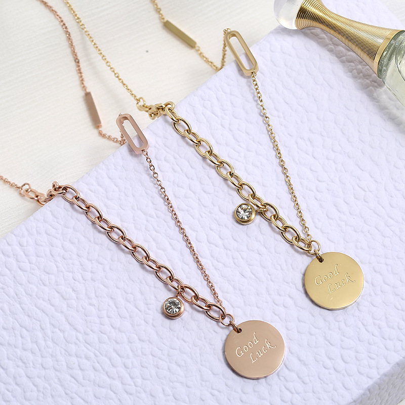 

Luxury Titanium Steel CZ Crystal Good Luck Pendant Necklaces Brand Jewelry Rose Gold Chain Link Choker Necklace For Women Girls
