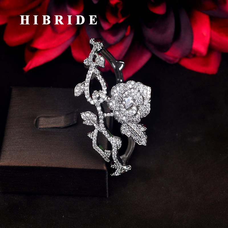 

HIBRIDE Luxury Rose Flower Design Luxury CZ Cuff Bangles Bracelets Cubic Zircon Pulseiras Bangle Gifts Bijoux Jewelry B-130