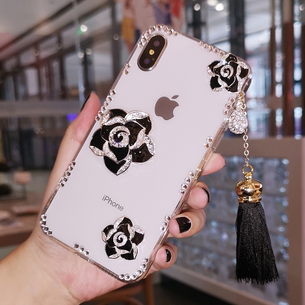 Fashion luxury rhinestone diamond crystal rose flower clear transparent case for iphone 11 pro max x xr xs max 6 7 8 plus case-image-582981804