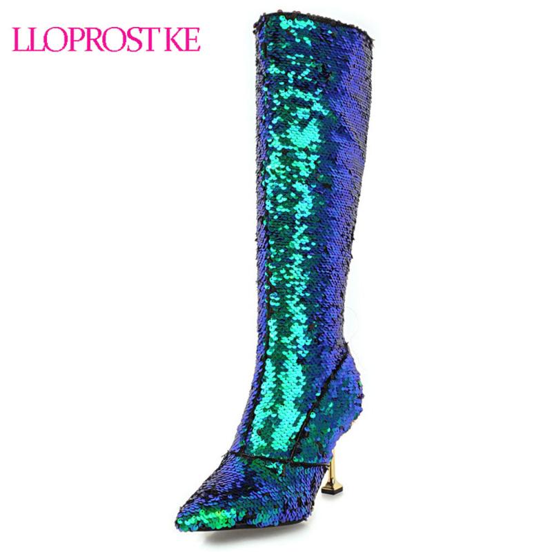 

Lloprost ke Plus Size 32-43 Thin High Heels Women Boot Bling Pointed Toe Footwear Knee High Female Boots Shoes Women Black D280