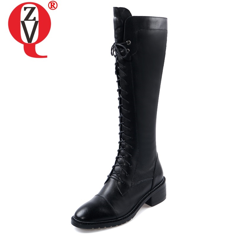 

ZVQ winter new fashion knee high boots outside comfortable square toe genuine leather zip women shoes drop shipping size 34-42, Black