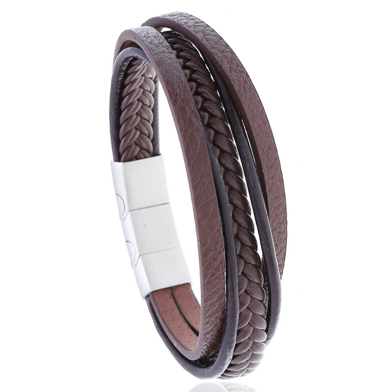 

Adjustable Length Bracelet Multi-Layer Braided Leather Bracelet Magnetic Charm Sporty Style Wristband Black Brown Male Jewelry