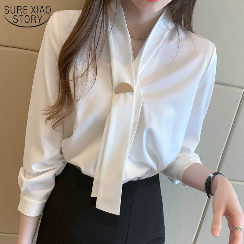 

Elegant Blouse Office Lady Shirt Fashion Tie 2020 Autumn V-neck Pullover White Long Sleeve Blouse Satin Solid Women Tops 11054