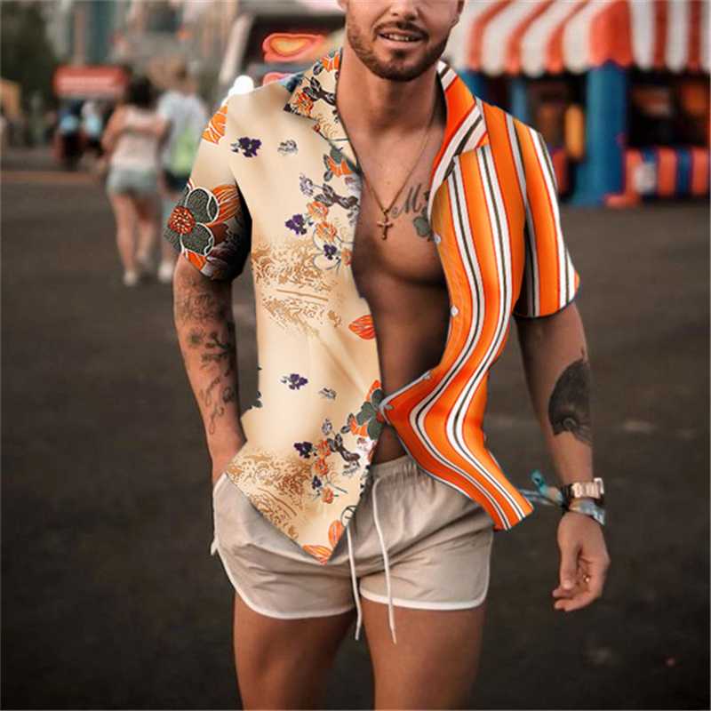 

2020 England Style Mens Ethnic Printed Stand Collar Stripe Short Sleeve Loose Hawaiian Henley Shirt hawaiian Shirt S-3XL, H86