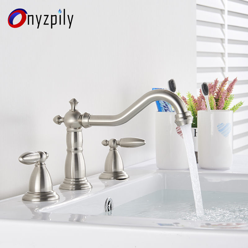 

Onyzpily Brushed Nickel Basin Faucet Brass Sink Faucet Double Handles 3 Pcs Rotated Handles Basin Hot Cold Water