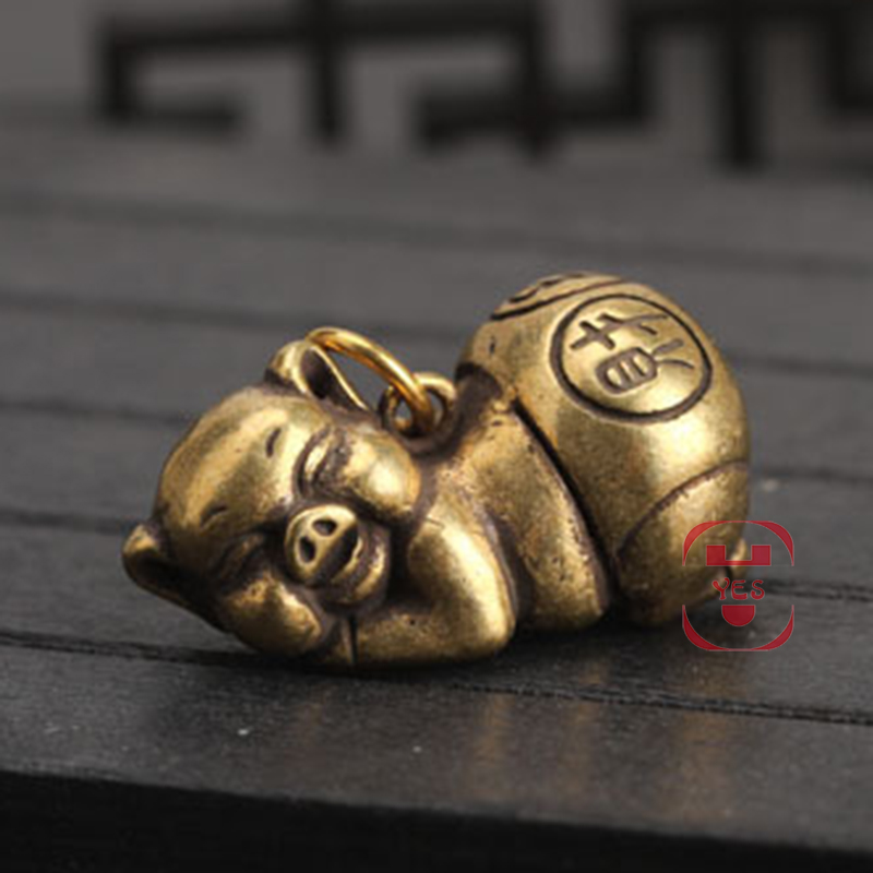 

Vintage Brass Cute Funny Chinese character pig fiscal Statue Financial blessing struggle Keychain Pendant Decoration Ornament