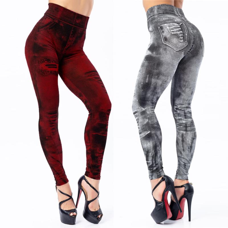 

Summer Thin Sexy Pants Jacquard Knitted Jean Leggings Women Plus Size Slim High Waist Leggins Casual Seamless Legging 8 Colors, Black