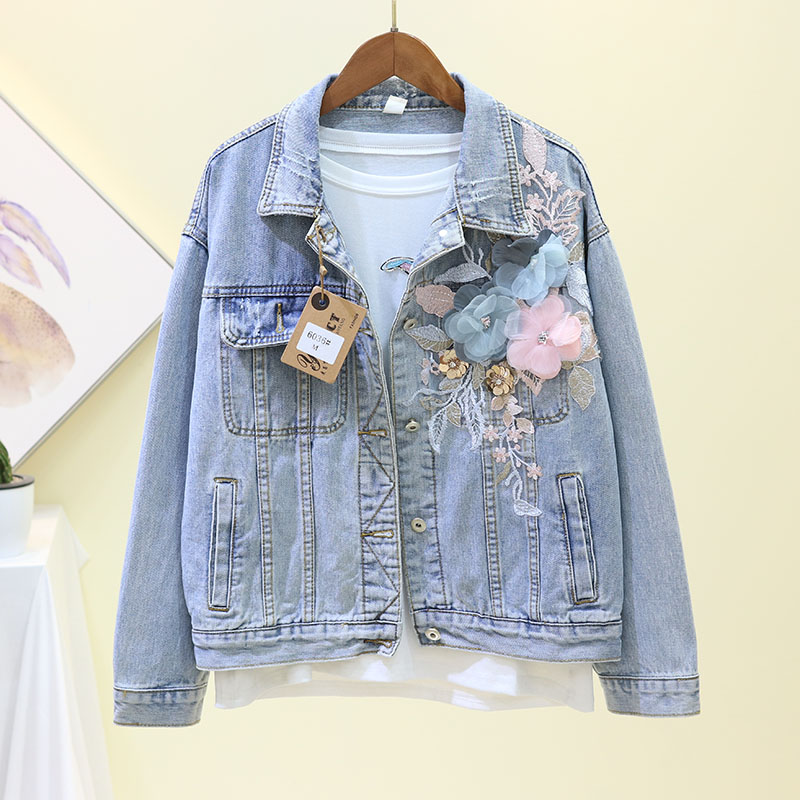 

2020 Autumn Women Denim Jacket Embroidery Three Dimensional Flowers Pearl Bead Short Denim Coat Casual Long Sleeve Jean Jacket, Navy blue