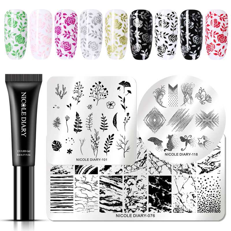 

NICOLE DIARY 8ml Gel Polish Set Nail Stamping Gel Colorful varnish Soak Off Stamp Varnish UV for Nail Art Printing Plate, 6pcs gradient spong