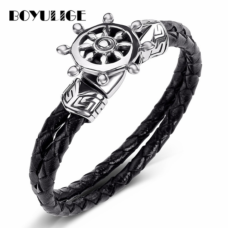 

Fashion Jewelry Genuine Multi-layer Leather Bracelet Men Anchor Rudder Stainless Steel Bracelets For Women Hooks Navy Nautical