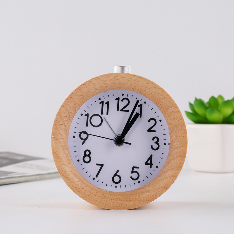 

Wooden Snooze Living Room Bedside Kids Alarm Clock Circular Needle Backlight Desktop Clock Luminous Round Table