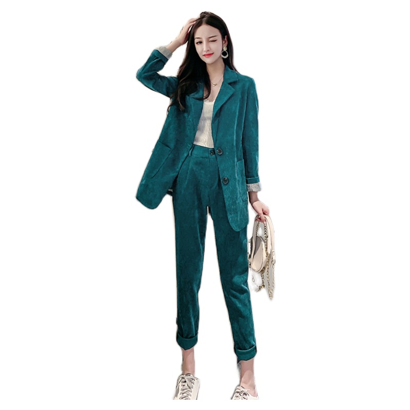 

2020 Autumn Corduroy Women's Two-Piece Suit Single Breasted Dark Green Blazer & Suit Pants, Black;brown