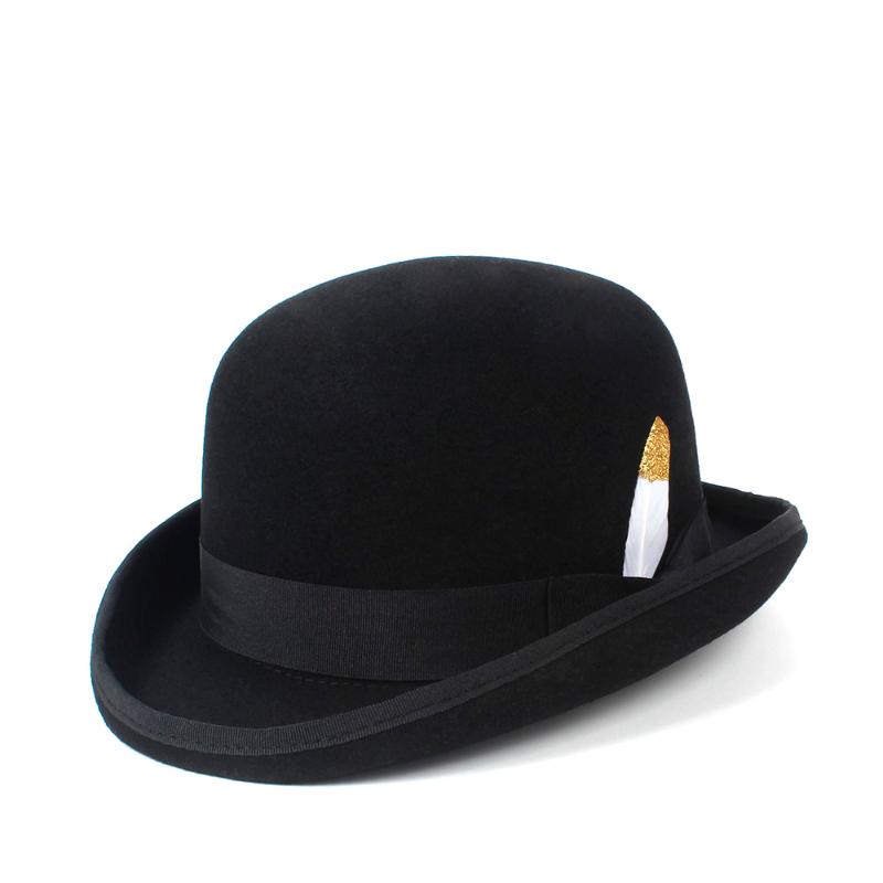 

4Size 100% Wool Women's Men's Black Bowler Hat Gentleman Crushable Hat Dad Billycock Groom Hats With Fashion Leather