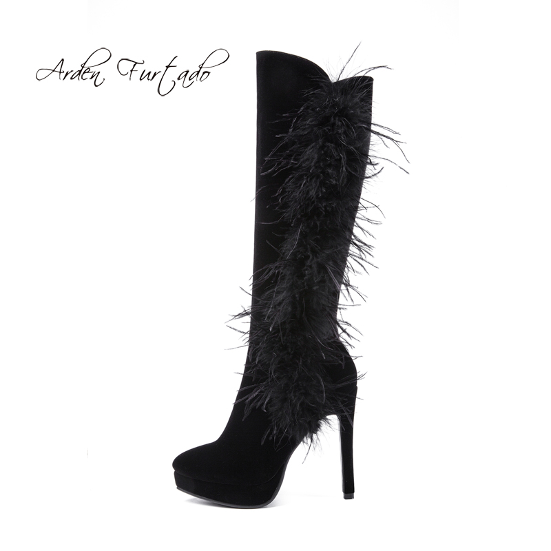 

Arden Furtado 2020 autumn winter stilettos feather black suede knee high boots round toe sexy high heels boots big size 40-43