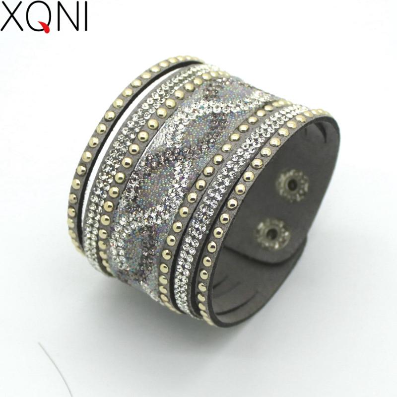 

2020 New Fashion Handmade Leather Bracelets For Women Personality Printed Pave Setting Rhinestone Charm Bracelets Jewelry