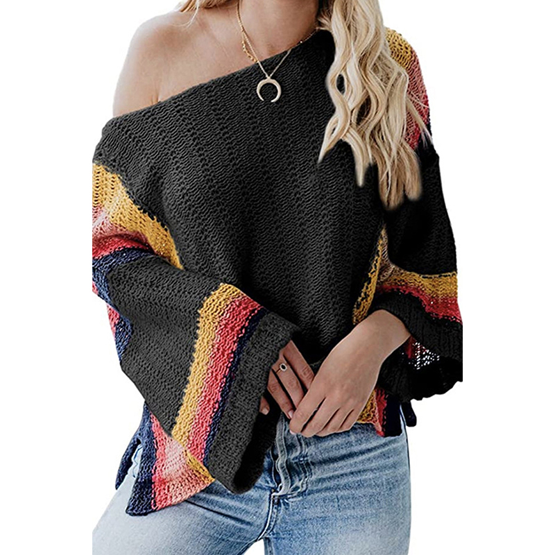 

2020 Apricot Black Colorblock Bell Sleeve Lightweight Sweater Damski Plus Size Round Women Acrylic Abrigos Mujer Invierno 2XL, Beige