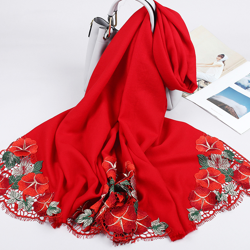 

100% Natural Wool Scarf Women EmBroidery Scarf for Wedding Bride Red Wraps and Shawls Winter Warm Wool Poncho