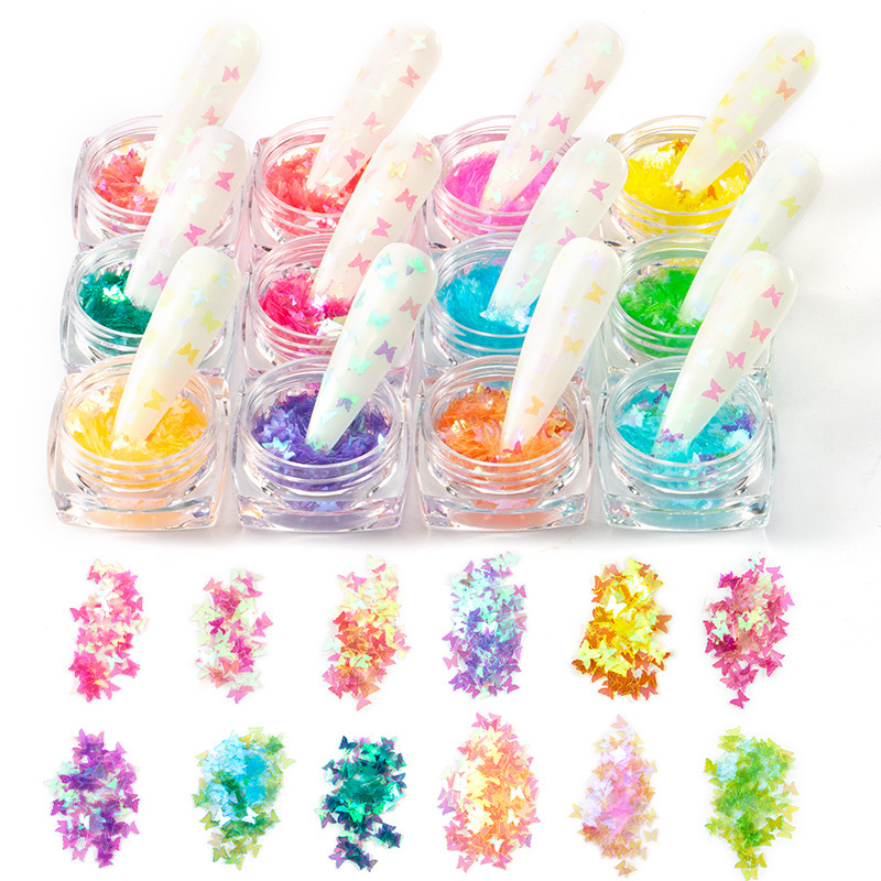 

CHNRMJL 12Colors/set Butterfly Nail Art Glitter Sequins Mermaid Gradient Holo Flakes Tips UV Gel Polish Nails Powder Decoration