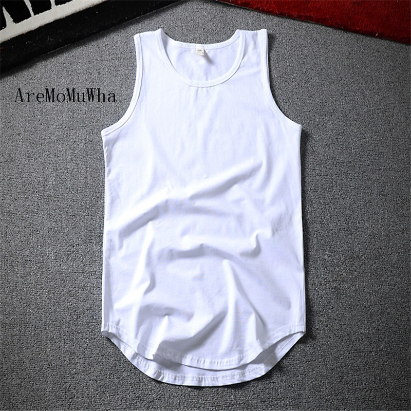 

AreMoMuWha 2020 New Summer Hip Hop Long Tank Tops Man Casual O-Neck Solid Cotton Vest High Street Slim Sleeveless shirt QX029, Beige