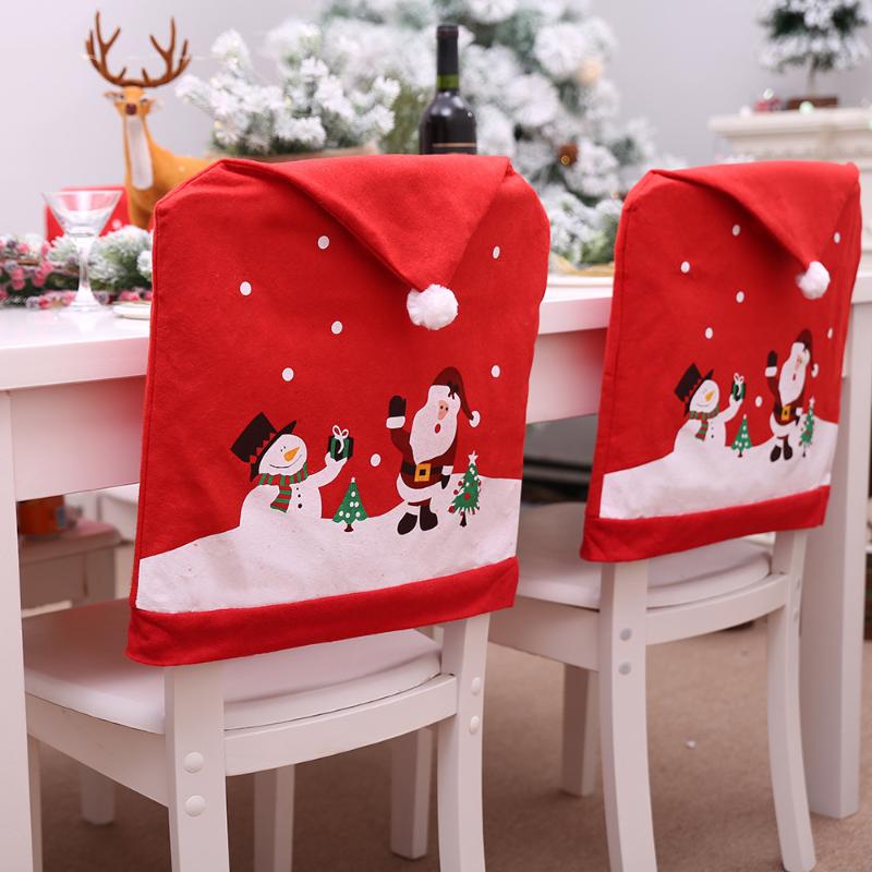 

Sashes Non-woven Fabric Chair Cover For Chritmas Day Home Decorations Cartoon Santas Snowman Large Christmas Hat 1PC