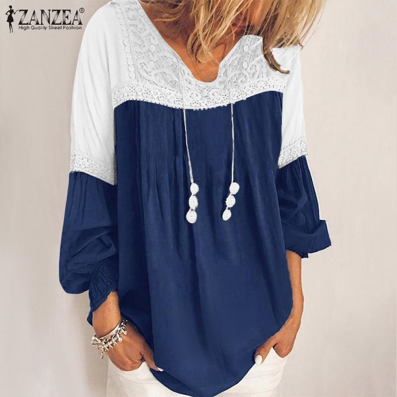 

ZANZEA Autumn Elegant Long Sleeve Shirt Bohemian Women Lace Crochet Ruffles Blouse Casual Patchwork Blusas Tunic Top Plus Size, Blue