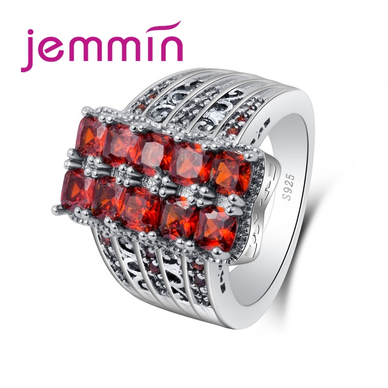 

Trendy Big Gorgeous Women Wedding Red Garnet CZ 925 Sterling Silver Ring Fashion Show Party Rings Gift Jewelry Wholesale