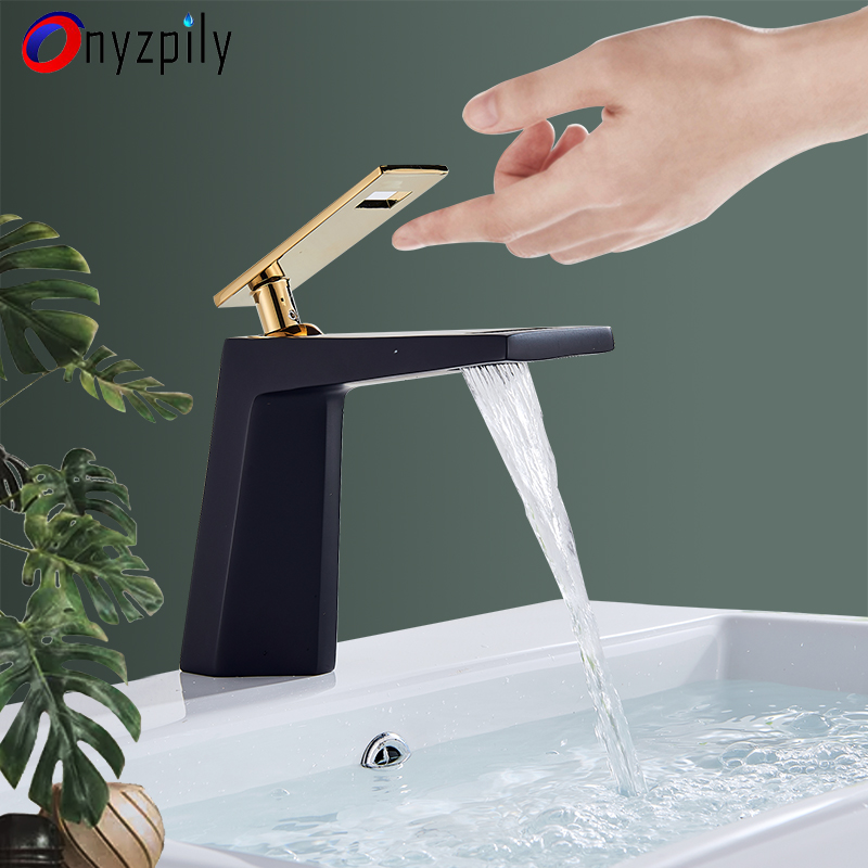 

Onyzpily Black White Basin Faucet Sink Faucet With 6 Inch Cover Gold Deck Mounted Hot and Cold Water Mix Faucets Tap