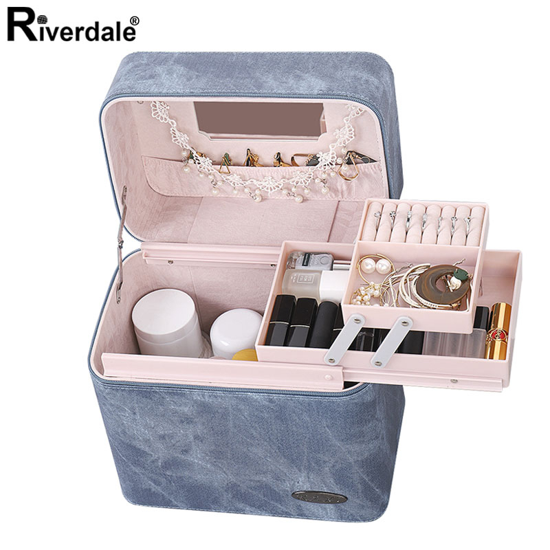 

Women Multifunction Cosmetic Box Jewelry Cosmetics Storage Box Big Makeup Case Female PU Travel Make Up Organizer Suitcase, A style denim blue