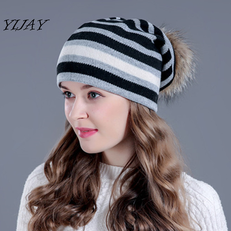 

Wool raccoon fur pom poms winter hat for women wool knitted female beanie cap stripe casual hat female skullies, Black white