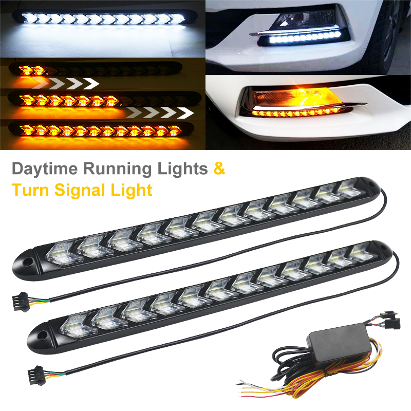 

2Pcs Car LED Flexible DRL Daytime Running Lights Turn Signal White/Amber Switchback Strip Light Headlight Guide Light, As pic