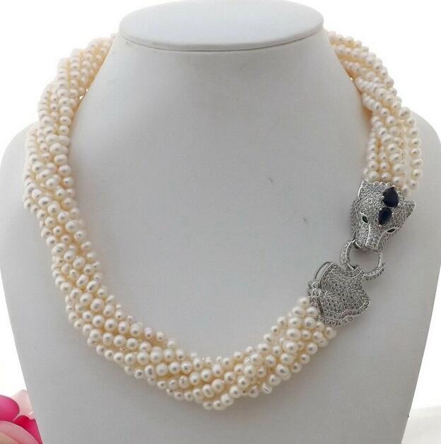 

Beautiful 8Strands White freshwater Pearl Necklace 18" CZ Clasp