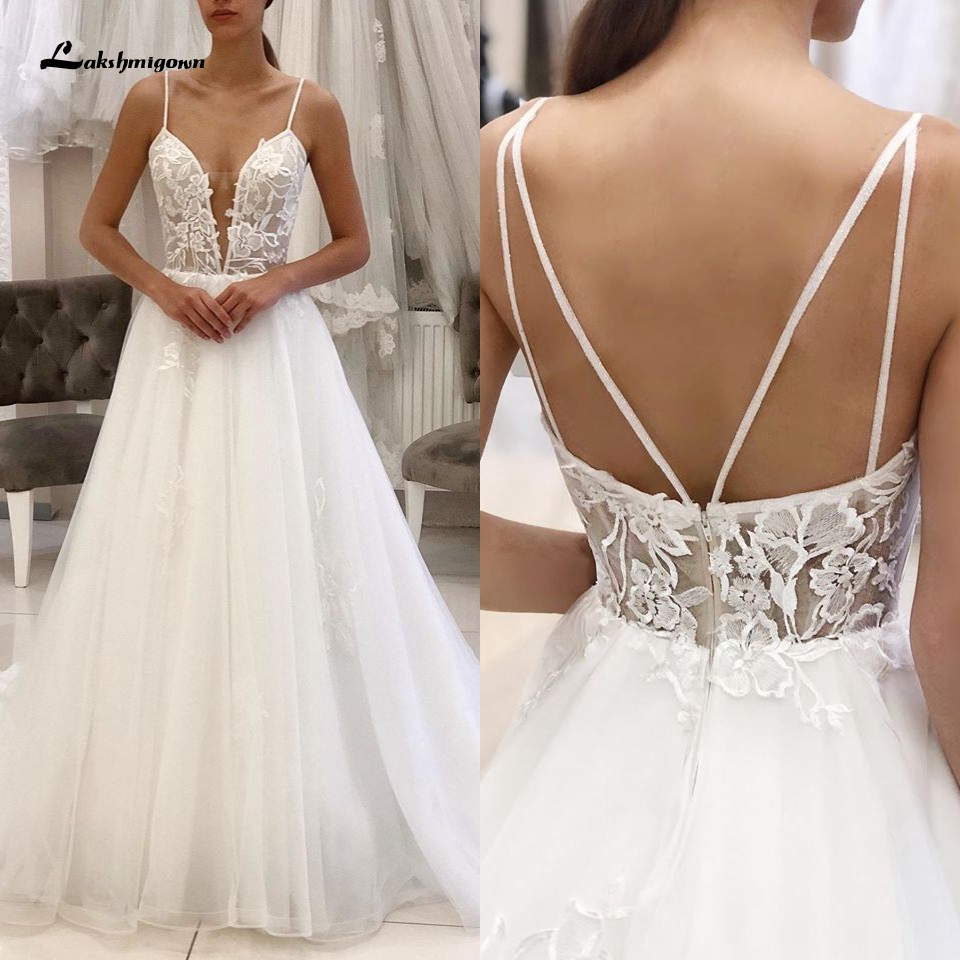 

Robe Vintage Bohemian Dress 2020 White Tulle Beach Wedding Dress Spaghetti Straps Sheer Illusion Sexy New Mariage Bridal Gowns
