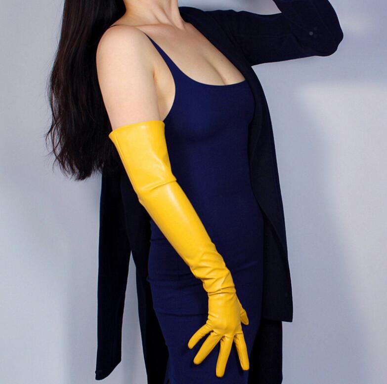 

Women's fashion yellow color sexy slim faux pu leather glove lady's club performance formal party leather long glove 60cm R2087