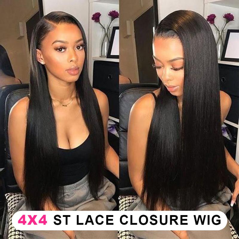 

4x4 Lace Closure Wig RESHINE Brazilian Straight Human Hair Wig 180% Density Pre Plucked With Baby Hair Straight Lace Closure