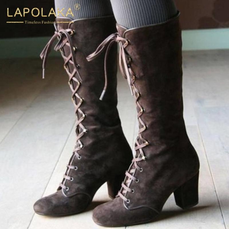 

Lapolaka 2020 New Fashion Chunky High Heels Mid Calf Boots Woman Shoes Lace Up Add Fur Autumn Winter Boots Ladies, Black