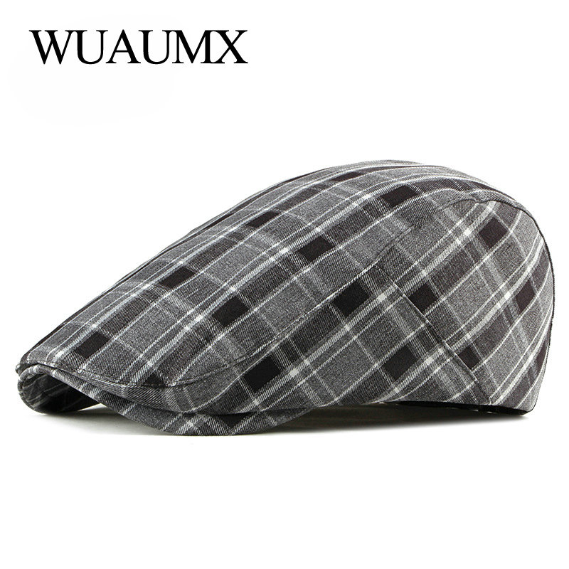 

Wuaumx Brand Fashion Beret Hats For Men Women Plaid Visor Cap Gentleman Style Peaked Flat Cap Spring Summer Berets Wholesale, Brown