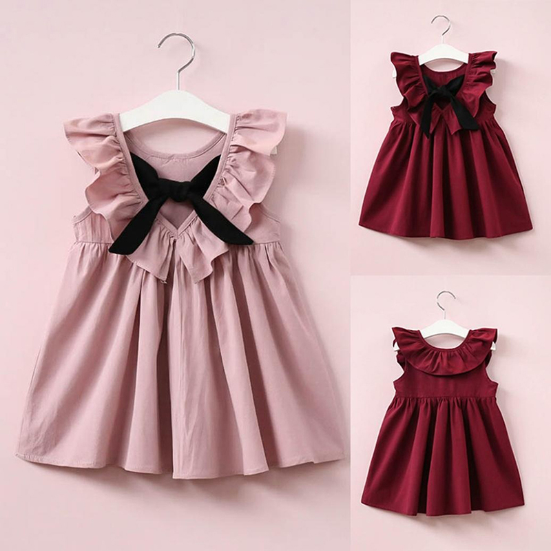 

Elegant Sleeveless Dress Children Pleated Backless Bow Clothes Girls Ruffles Party Wedding Costume Kids V-Back Princess Dresses, Pink