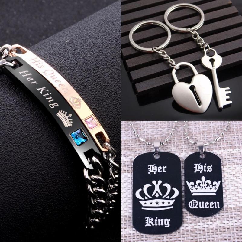 

Hot Sale Rose Gold Black Gun Her King His Queen Couple Bracelets for Women Men Gift for Lover Stainless Steel Tag Charm Bracelet