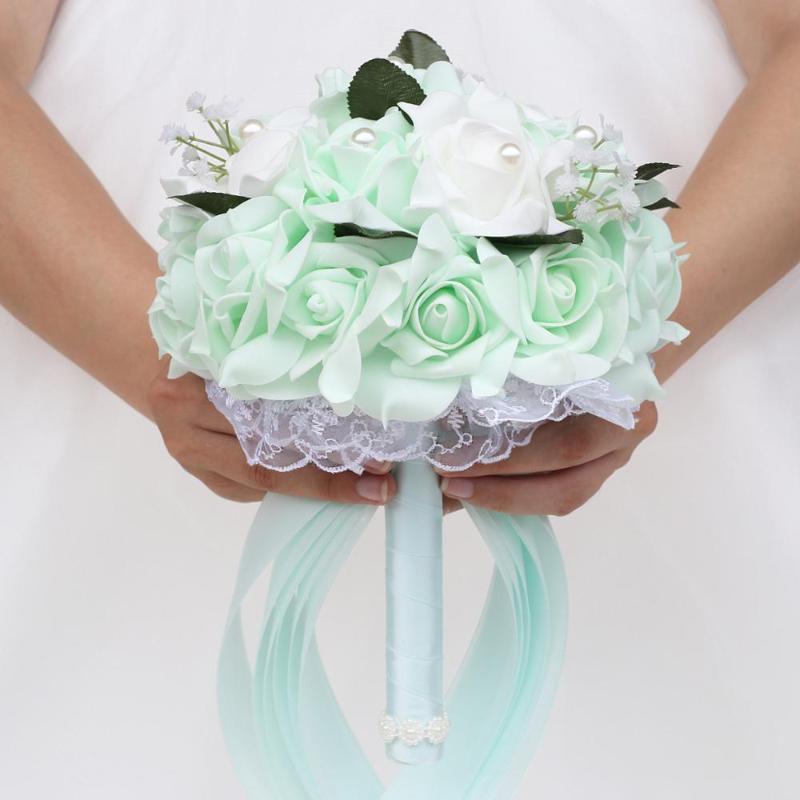 

9Colors Handmade Cheap Foam Rose Pearl Bouquets For Wedding PE Flower Silk Ribbon Bride Bouquet Holding Artificial Flower FW007B, Red