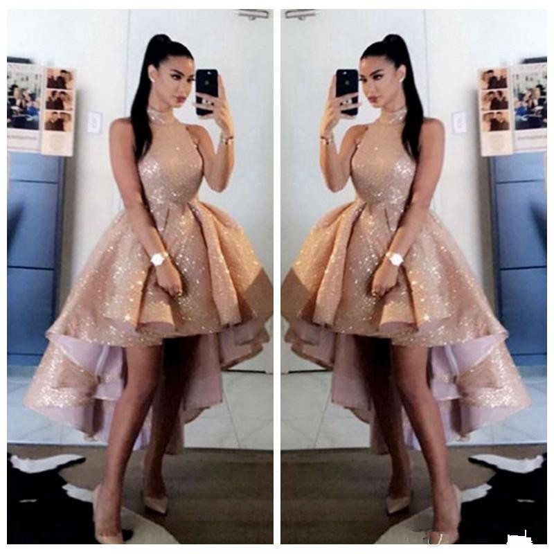 

Bling Bling Sequins Rose Gold High Neck Prom Dresses 2021 Sexy Short Front Long Back Sleeveless Formal Party Evening Gowns vestido de gala, Light sky blue