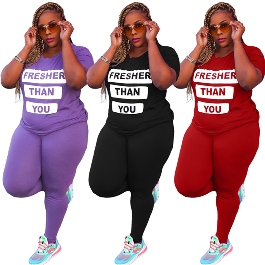 

Plus size outfits 2 pieces sets Women clothing t-shirt pants sweatsuit 5XL short sleeve Leggings Fall Winter Jogger Suits 3815, Black