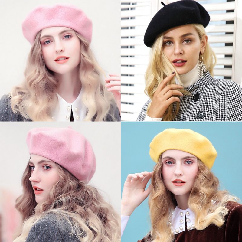 

Korean Women Girls Vintage Beret Cap Solid Color Winter Warm Stretch Painter Hat 2XPC