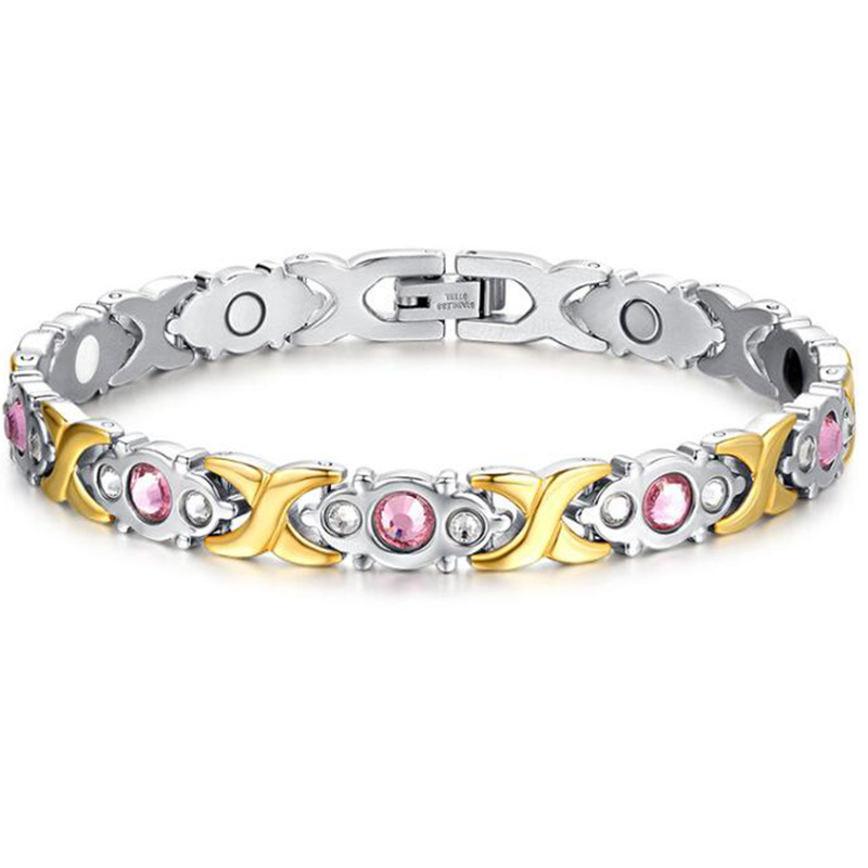 

Charm Bracelets 2021 Titanium Steel Fashion Lady Pink Crystal Stone Magnet Health For Women Bio Energy Femme Gift SBRM-074